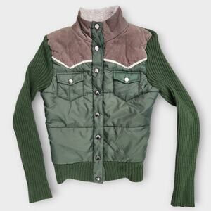 Mossimo Supply Co. Puffy Sweater Jacket Jrs. M Green/Brown Button Down Y2K VTG